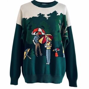 VITAGE JANSEN All Over Print Umbrella Golfing In the Rain Sweater90s Mens Golf M